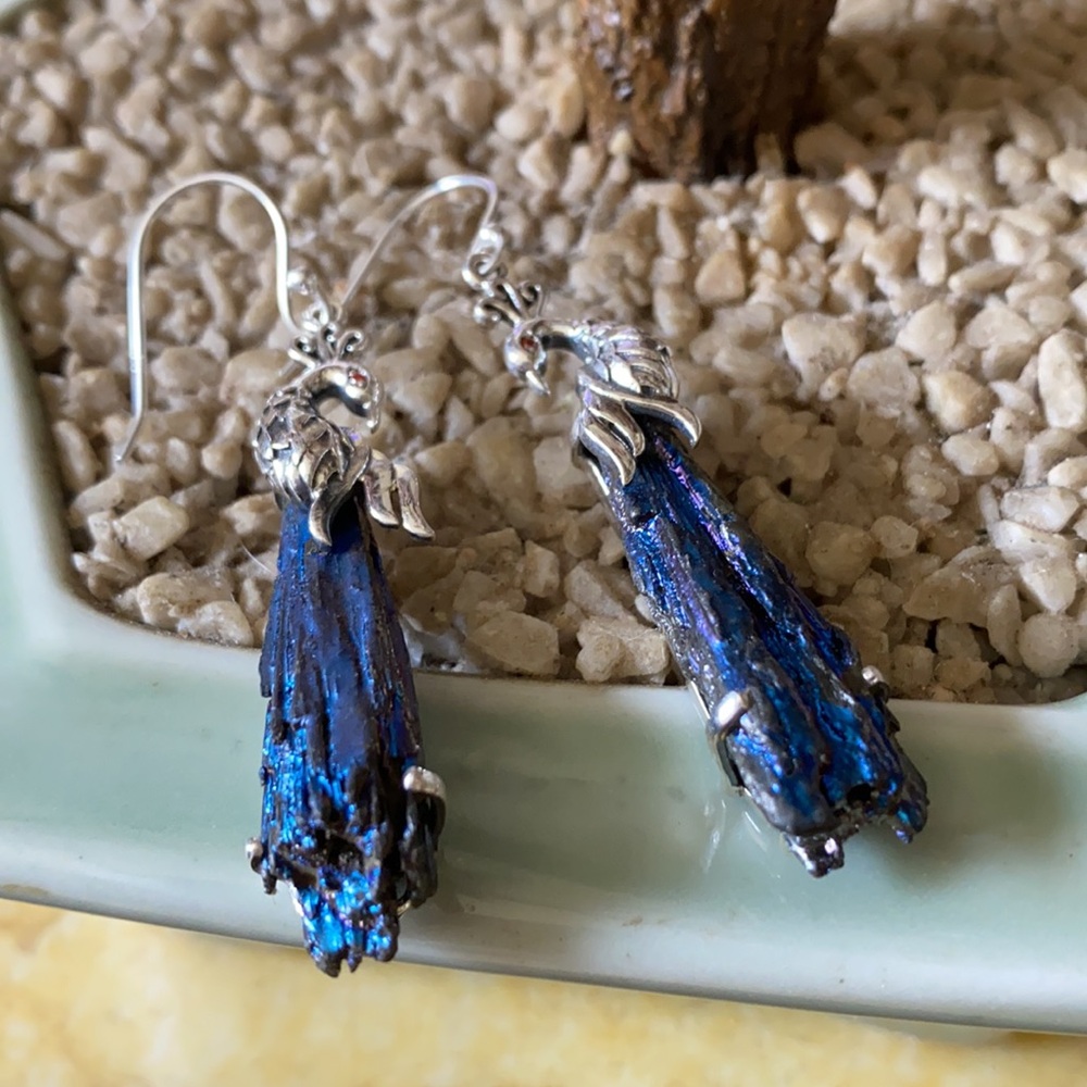 Vintage 925 aura rainbow kyanite peacock earring - Picture 3 of 6